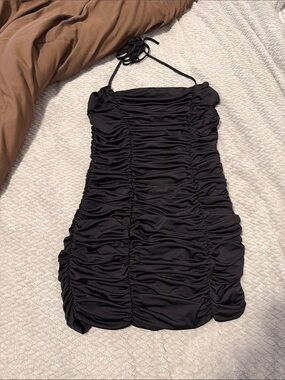 Lucy in the Sky Black Ruched Halter Mini Dress
